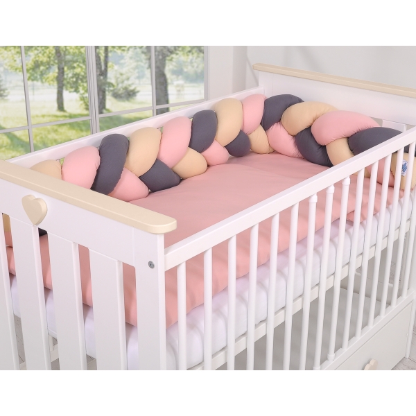 Treccia Paracolpi per Letto Bambino Beige Antracite Rosa Scuro