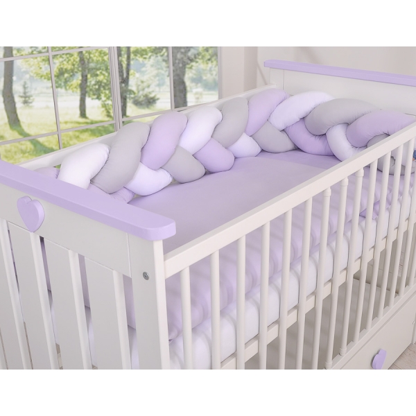 Treccia Paracolpi per Letto Bambino Bianca Grigio Lilla