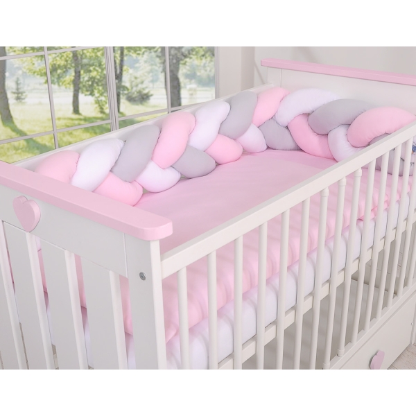 Treccia Paracolpi per Letto Bambino Rosa Bianca Grigio